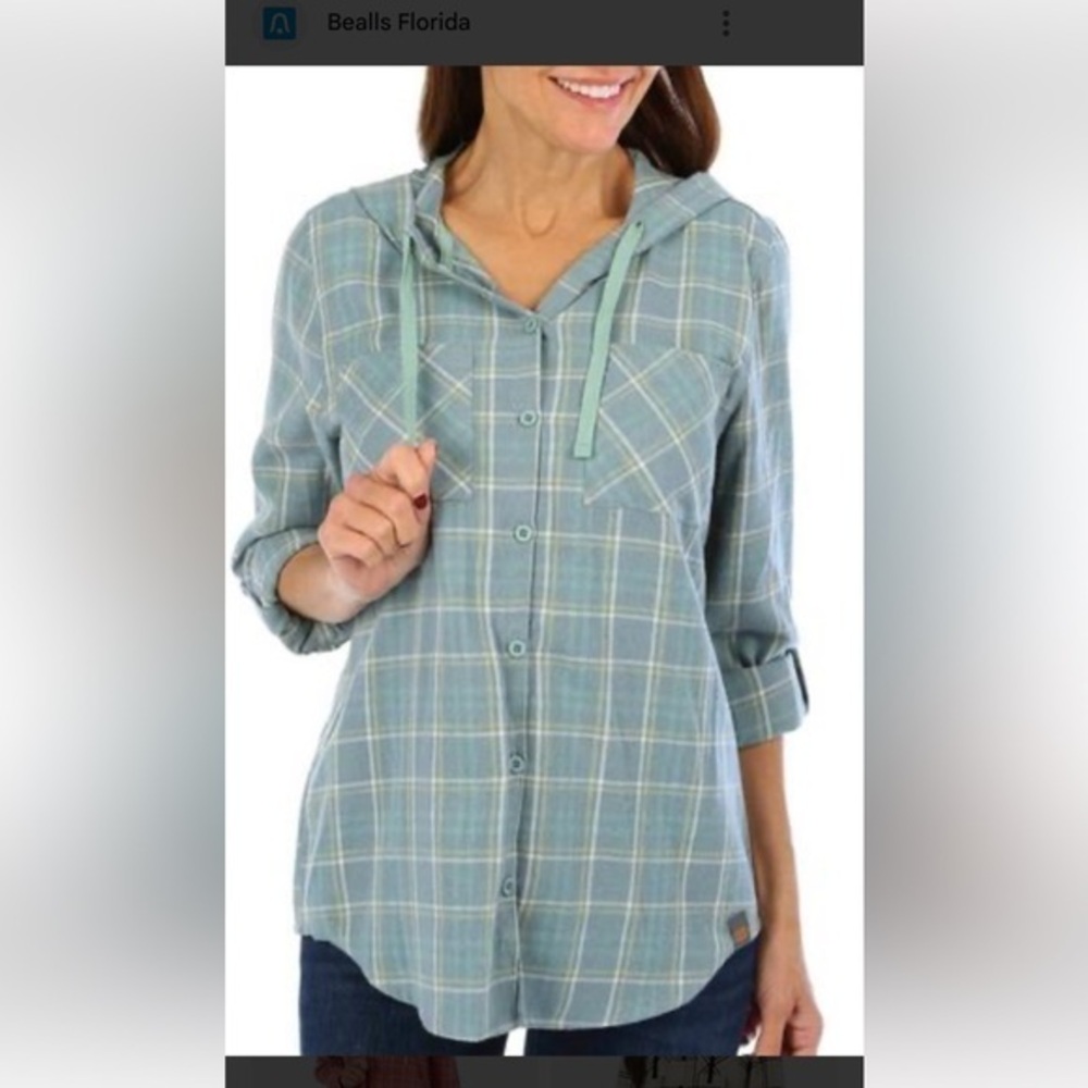 New REEL LEGENDS Women’s Long Sleeve Plaid‎ Hooded Flannel Shirt Sz M